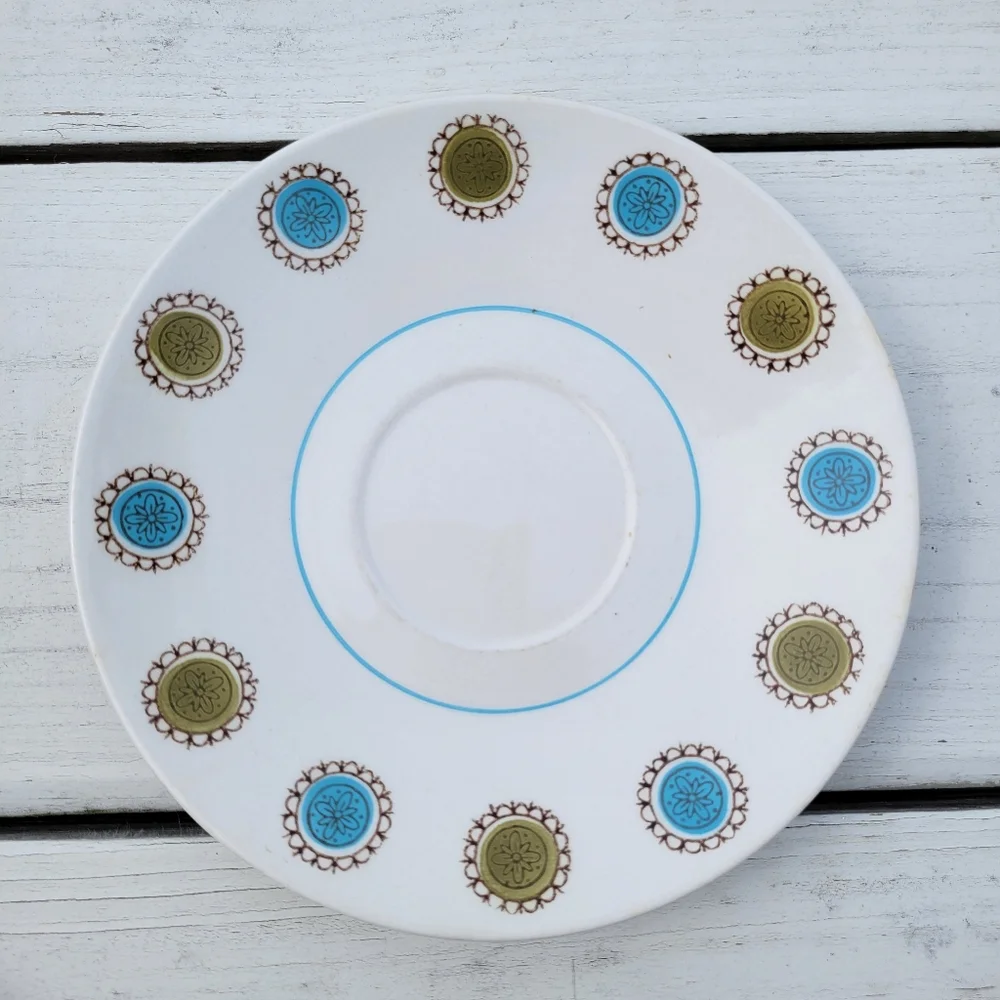 Mikasa Focus-Shape Zombie Saucers (2) Pattern #2028-8? Japan Green Blue Flowers